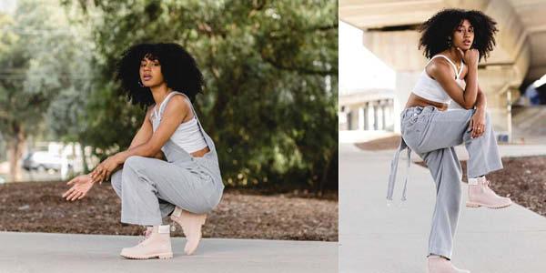 Panel of 2 images with a model wearing Timberland boots