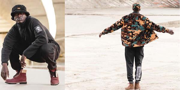 Panel of 2 images with a model wearing Timberland branded clothing and boots